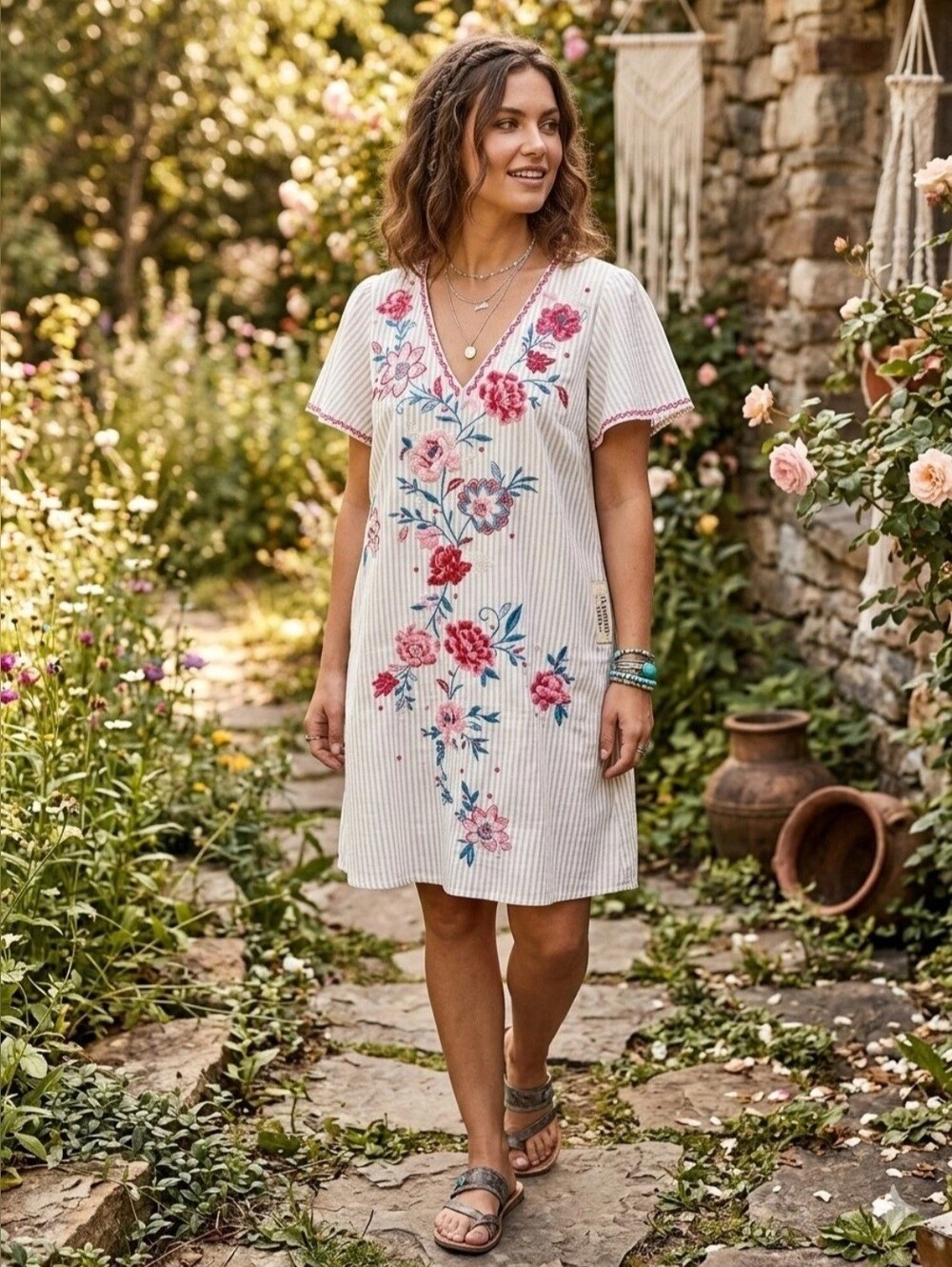 Savanna Jane Floral Embroidered White Tan Striped Dress Size L